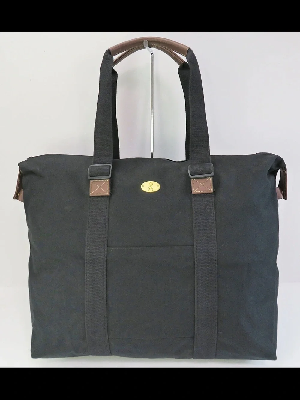 Roberta di Camerino Black Canvas Tote with Brown Trim and Gold Plaque